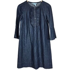 Draper James Chambray Denim Dress‎ Ruffle Front Button Neck 3/4 Sleeve Size 4
